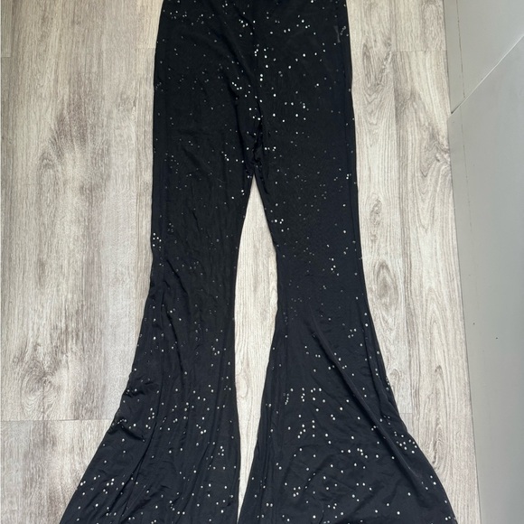 Black Mesh Glitter Bell Bottom Pants - Picture 6 of 7
